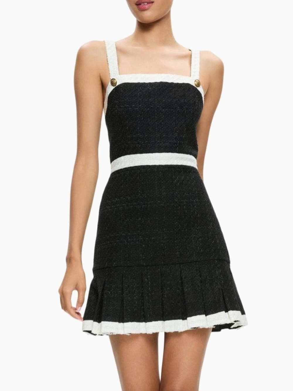 Alice + Olivia Clarine Square Neck Pleated Dress | Black & off white Tweed Mini